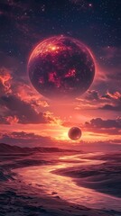 Breathtaking cosmic landscape with two planets looming over a serene river at sunset.