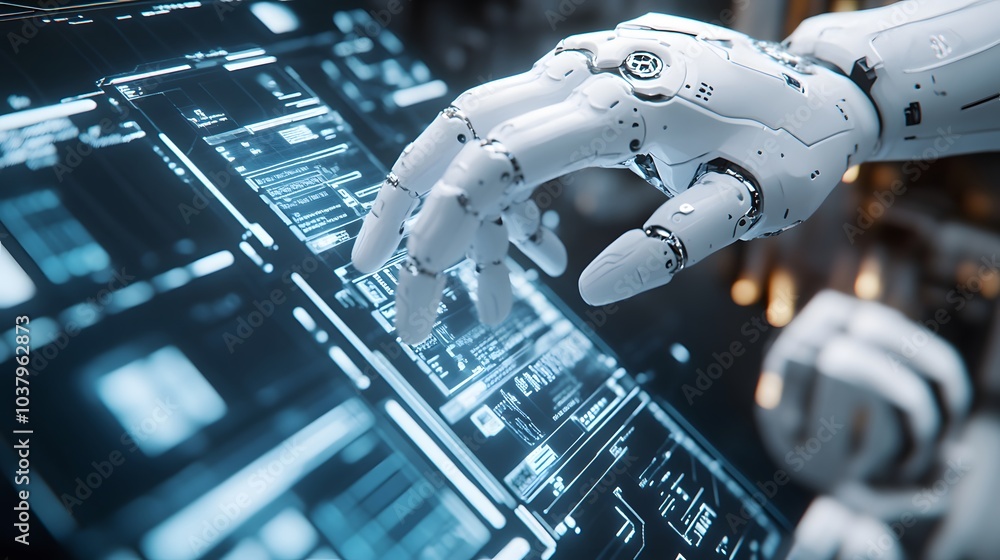 Poster white robot hand creating future technology structure 3d rendering.