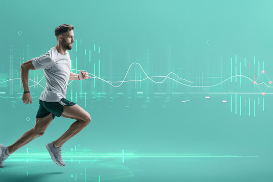 A man is running, surrounded by digital graphs and data visualizations on a teal background, symbolizing fitness tracking and performance analysis.