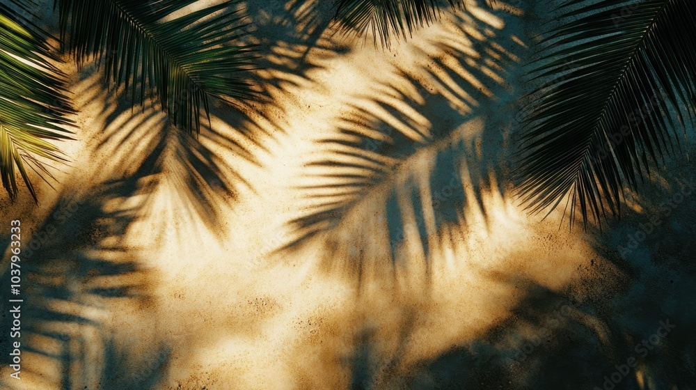 Poster a top-down view of a sandy beach with detailed shadows of palm leaves cast across the surface, creat