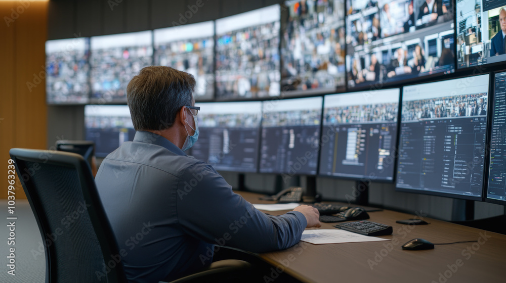 Poster a person monitors multiple screens in a control room, surrounded by technology and data displays, ov