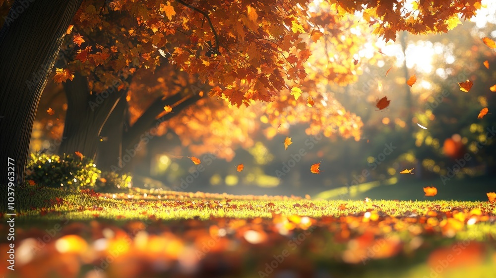 Aufkleber a tranquil park scene captured in autumn, with a focus on a cluster of maple trees displaying their 
