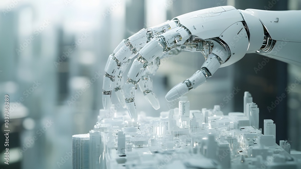 Poster white robot hand creating future technology structure 3d rendering.