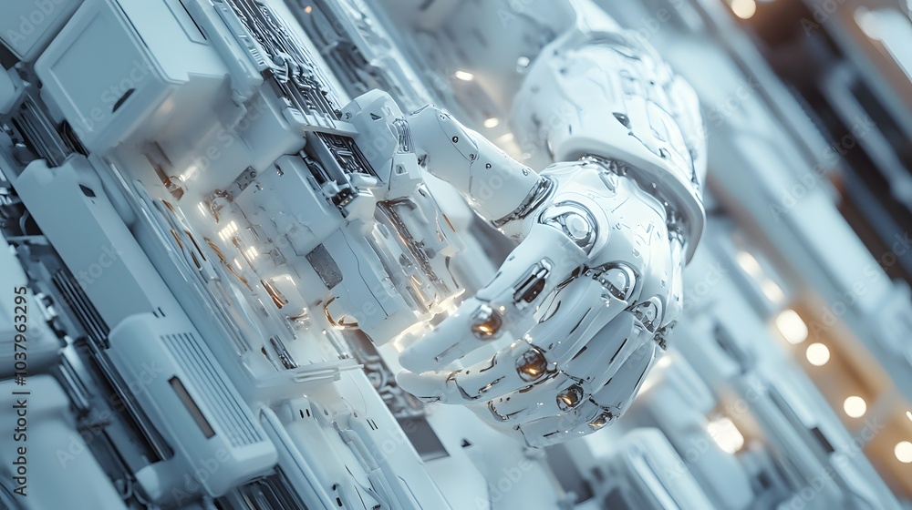 Poster white robot hand creating future technology structure 3d rendering.