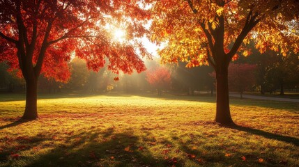 Naklejka premium A tranquil park scene captured in autumn, with a focus on a cluster of maple trees displaying their vibrant fall colors. Sunlight filters through the leaves, creating a warm glow