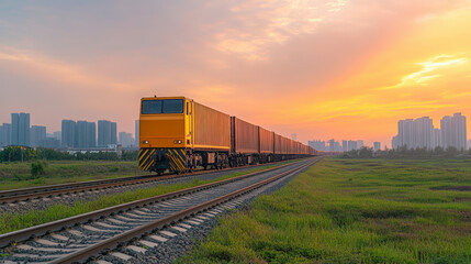 Fototapeta premium A freight train travels through green fields at sunset, with a city skyline in the background under a colorful sky.