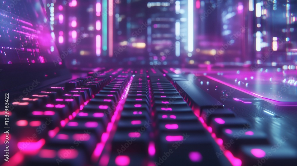 Poster close-up of a glowing keyboard with a futuristic city skyline in the background.