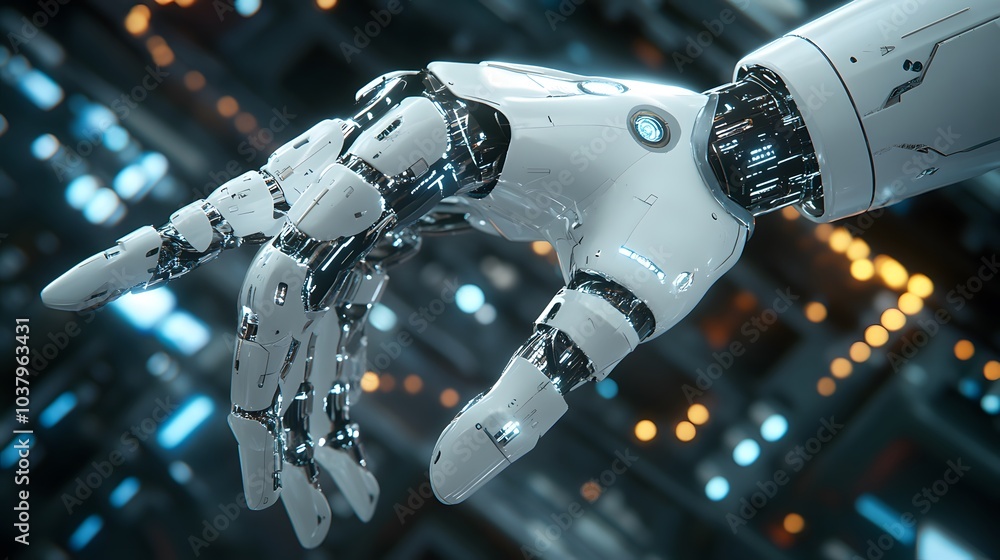 Poster white robot hand creating future technology structure 3d rendering.