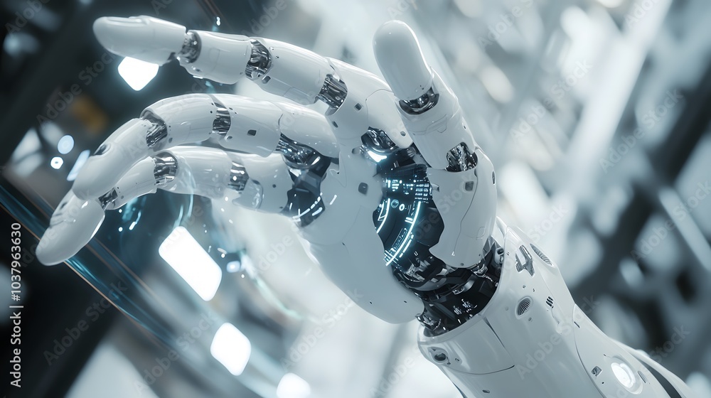 Poster white robot hand creating future technology structure 3d rendering.