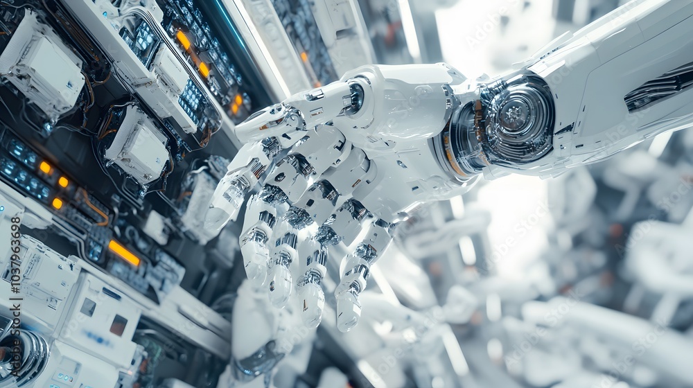 Poster white robot hand creating future technology structure 3d rendering.