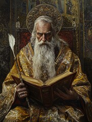 Saint Cyril is illustrated in elaborate robes, clutching a book and quill that represent wisdom and spirituality against a richly detailed historical setting.