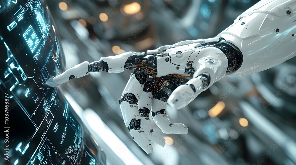 Poster white robot hand creating future technology structure 3d rendering.