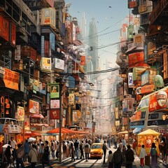 Fototapeta premium A busy city street filled with people walking beneath tall retro futuristic buildings. Shops line the street, creating a warm atmosphere with a nostalgic vibe and inviting energy.