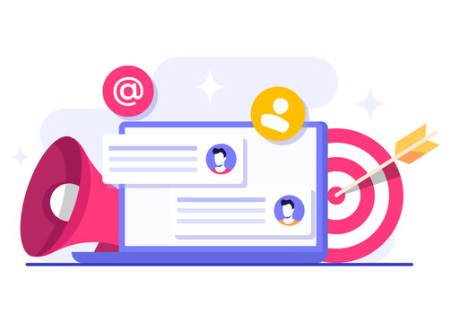 Approaching target audience using email marketing flat illustration, Online business strategy, Advertising, Email newsletter, messaging, Marketing concept for web banner, social media, infographic