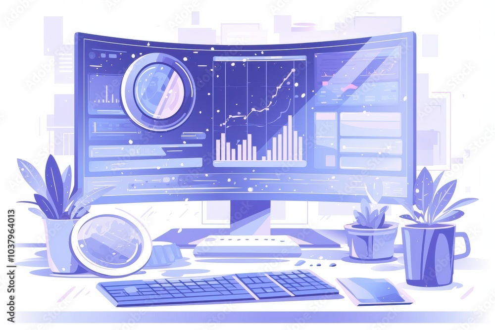 Aufkleber futuristic workspace with data analytics on screen monitors