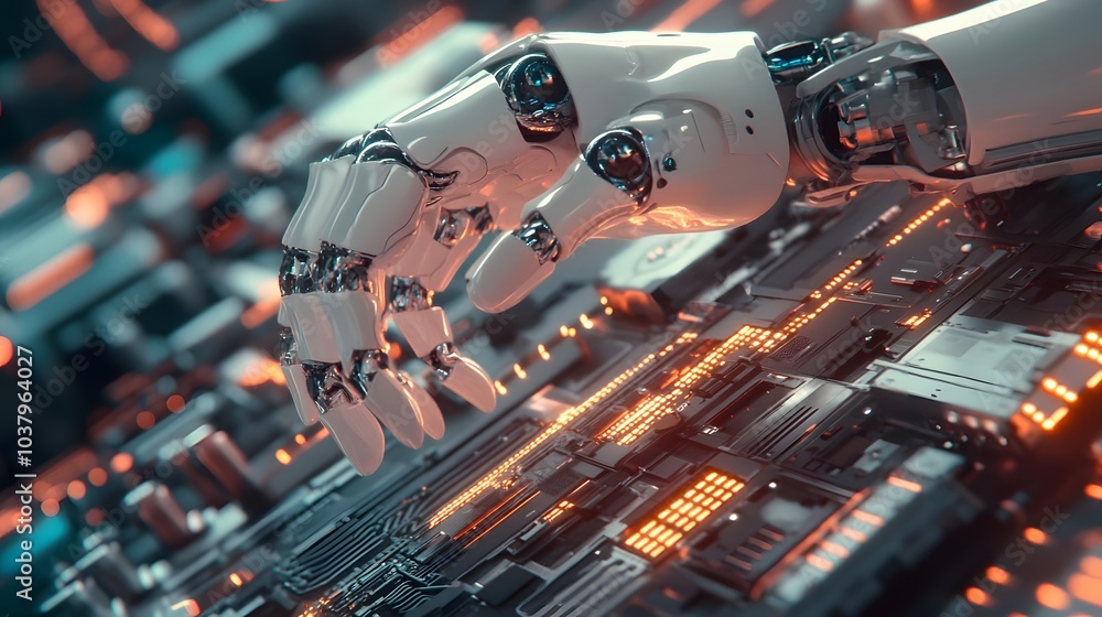 Poster white robot hand creating future technology structure 3d rendering.