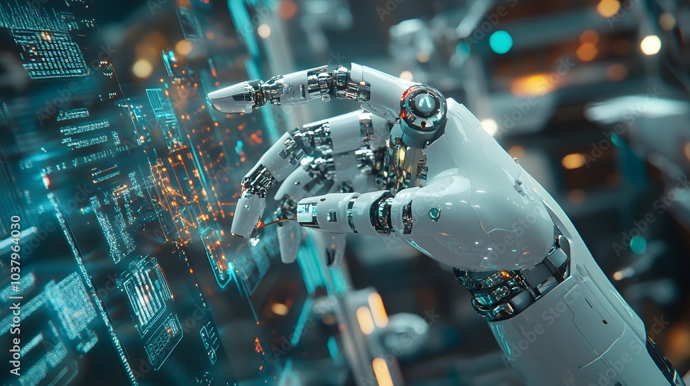 Poster white robot hand creating future technology structure 3d rendering.