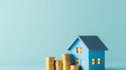 A small blue house next to stacks of gold coins on a light blue background.