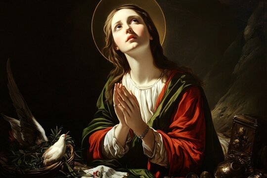 A classical painting of Saint Mary Magdalene exudes wisdom and compassion amidst symbols of faith and devotion.