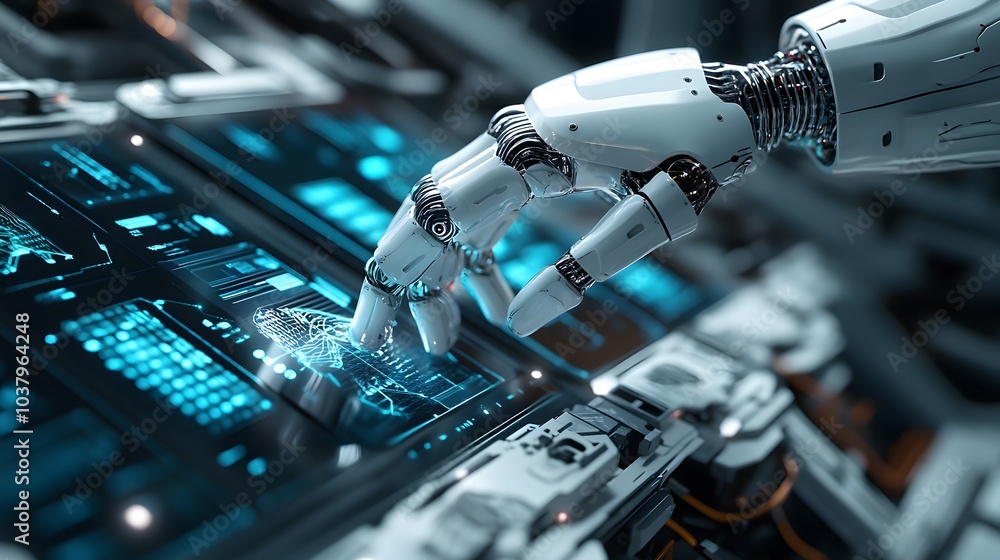 Poster white robot hand creating future technology structure 3d rendering.