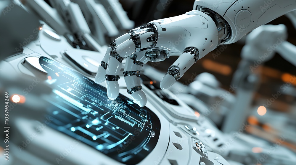 Poster white robot hand creating future technology structure 3d rendering.