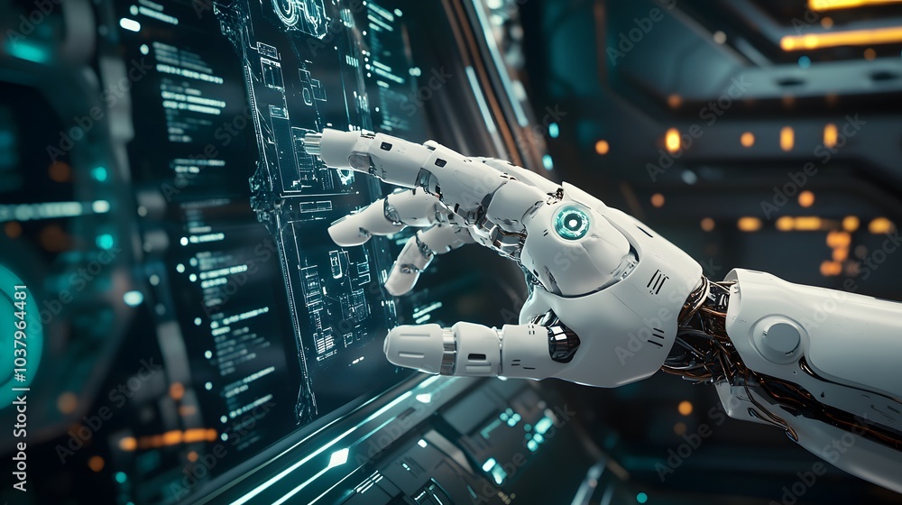 Poster white robot hand creating future technology structure 3d rendering.