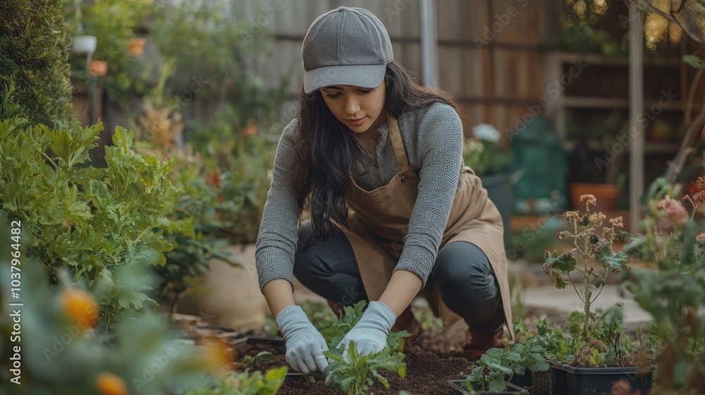 Wall mural A woman gardening, tending to plants in a vibrant garden.