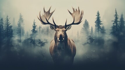 Naklejka premium Double exposure image of a moose with a forest and fog in the background. 
