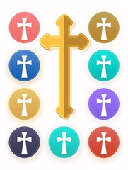 Obraz premium Minimalistic gold cross symbol. Collection of circular colored buttons with icons.