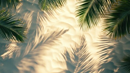 Sunlit beach sand with intricate shadows from palm leaves gently overlapping, viewed from above to capture the warm summer atmosphere.