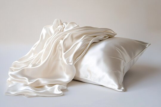 A lustrous silk pillowcase rests on a flawless white backdrop, highlighting its silky feel and elegance, perfect for improving sleep comfort.