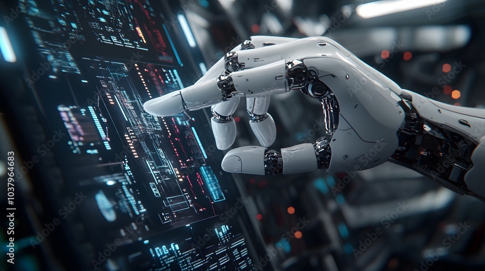 Poster white robot hand creating future technology structure 3d rendering.