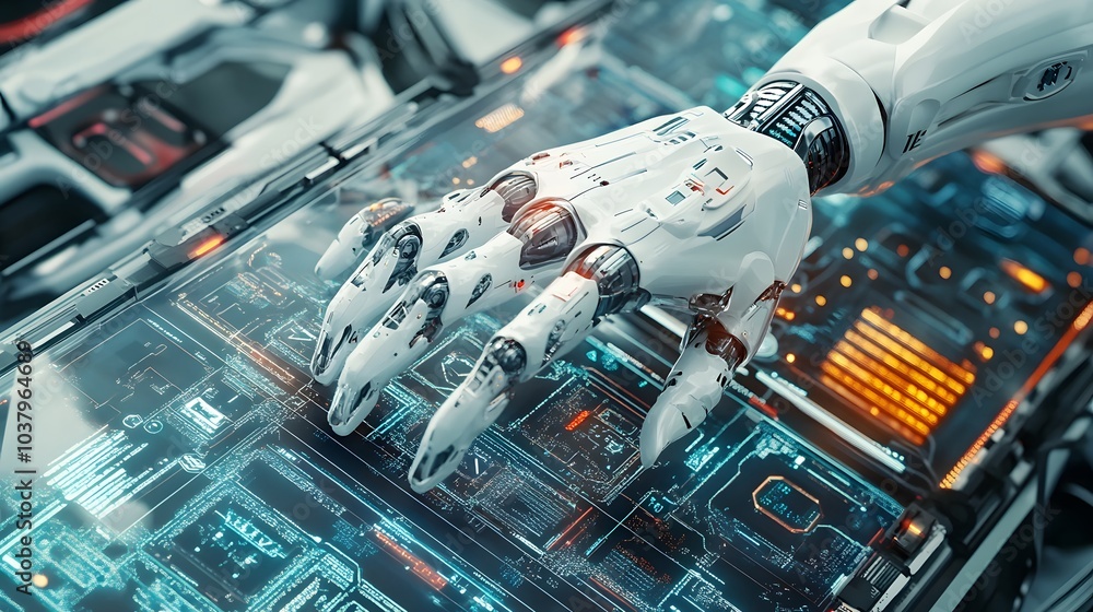 Poster white robot hand creating future technology structure 3d rendering.