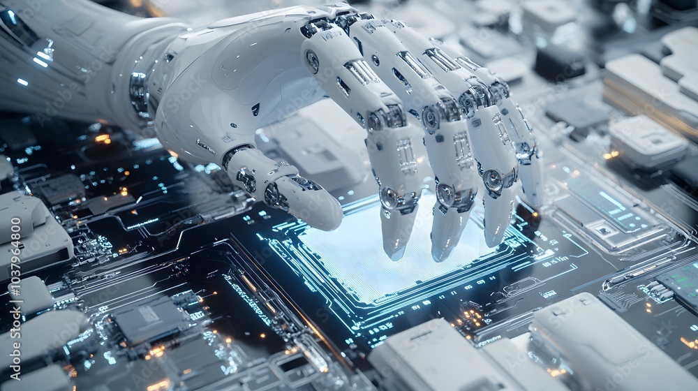 Poster white robot hand creating future technology structure 3d rendering.
