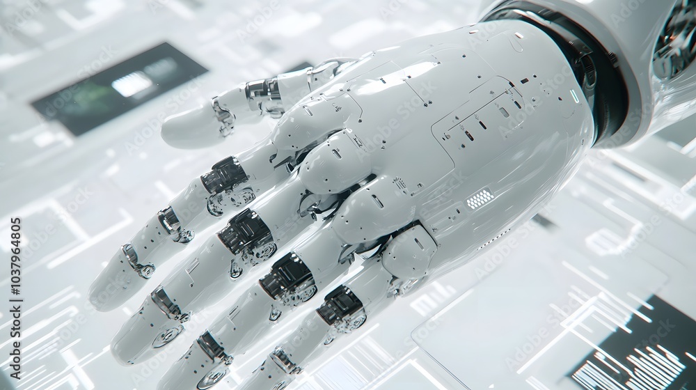 Poster white robot hand creating future technology structure 3d rendering.