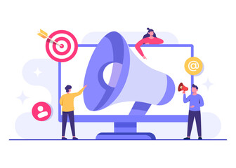 Join our team, Group of people with giant megaphone, We are hiring concept flat illustration for landing page, web banner, social media, infographic