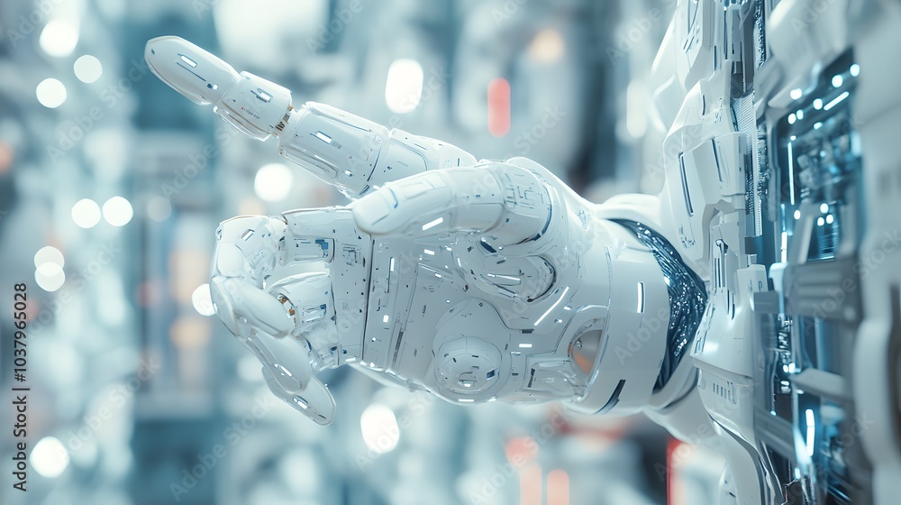 Poster white robot hand creating future technology structure 3d rendering.