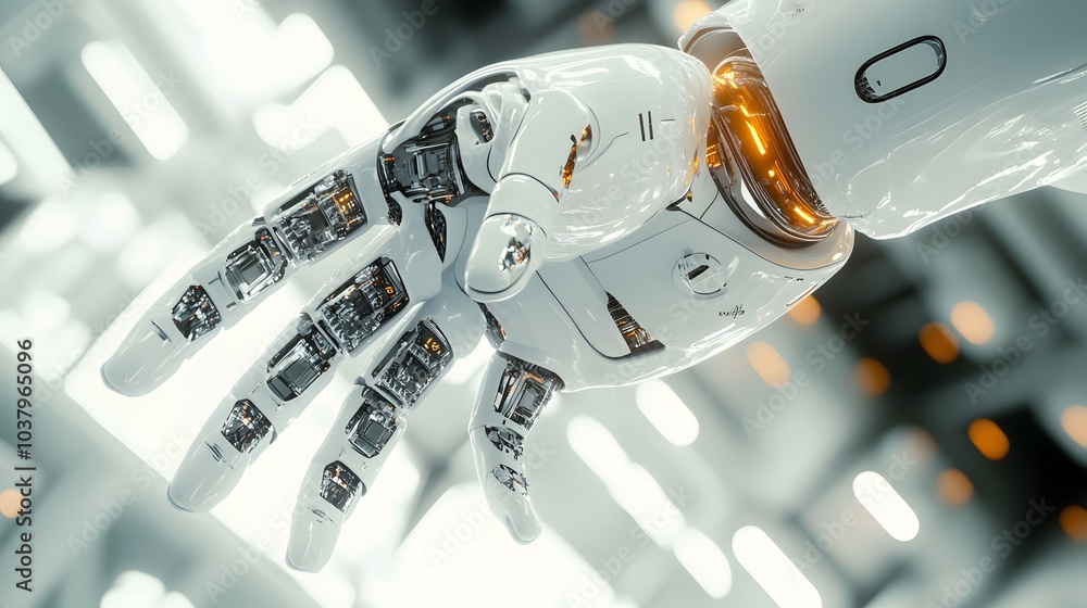 Poster white robot hand creating future technology structure 3d rendering.