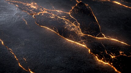 A close-up view of a textured surface with glowing cracks, resembling volcanic rock or molten material.