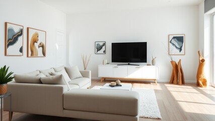 Bright Scandinavian Living Room with Bokeh Effect and Minimalist Design for Stunning Interior Photography