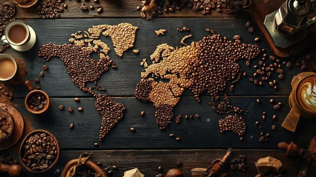 World map made by coffee bean in wooden table