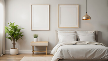 Blank white posters in minimalist frames decorate a white wall above a bed with white bedding.