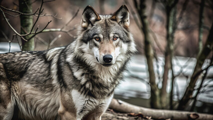 Obraz premium The wolf in its natural environment, surrounded by bare trees, reflects the spirit of freedom and the harsh beauty of the forest.