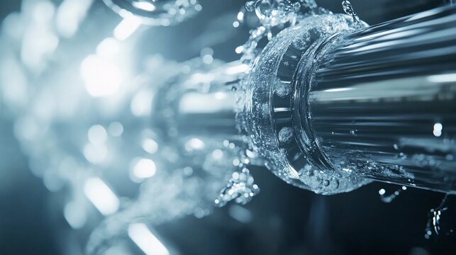 Close-up of water flowing through a silver pipe.