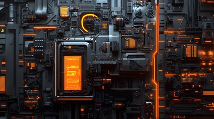 Detail of a futuristic machine. 3D illustration of a futuristic wall made of various details under orange neon lights. Cyberpunk background. Industrial wallpaper. Grunge details. 
