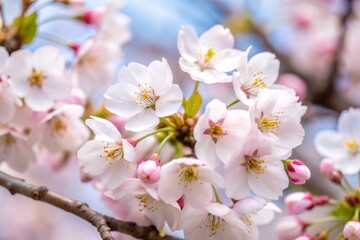 Obraz premium Low Angle View of White Cherry Blossoms Against a Pink Background