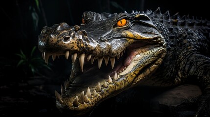 Fototapeta premium Yellow eyed crocodile in the dark, scales and teeth exposed 