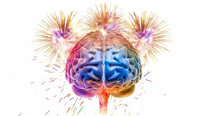 a human brain, with colorful fireworks exploding from it