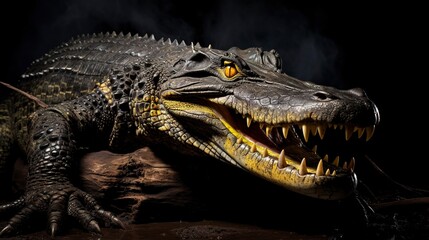 Fototapeta premium Yellow eyed crocodile in the dark, scales and teeth exposed 