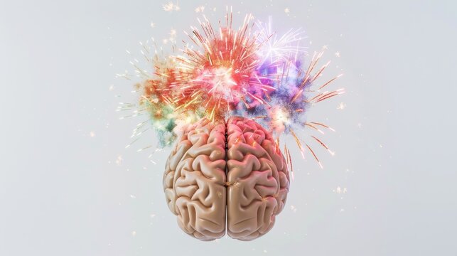 a human brain, with colorful fireworks exploding from it